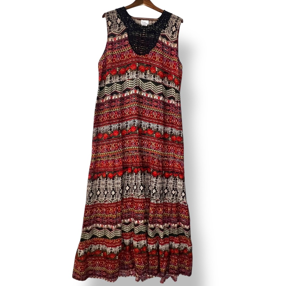 G Unit Fashions Crochet Neckline Maxi Tall Dress XX Red Floral India Boho Tiered